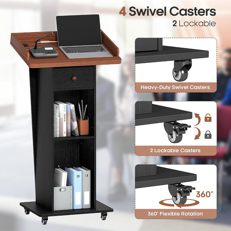 Podium Stand with Drawer Storage Cabinet and Wheels