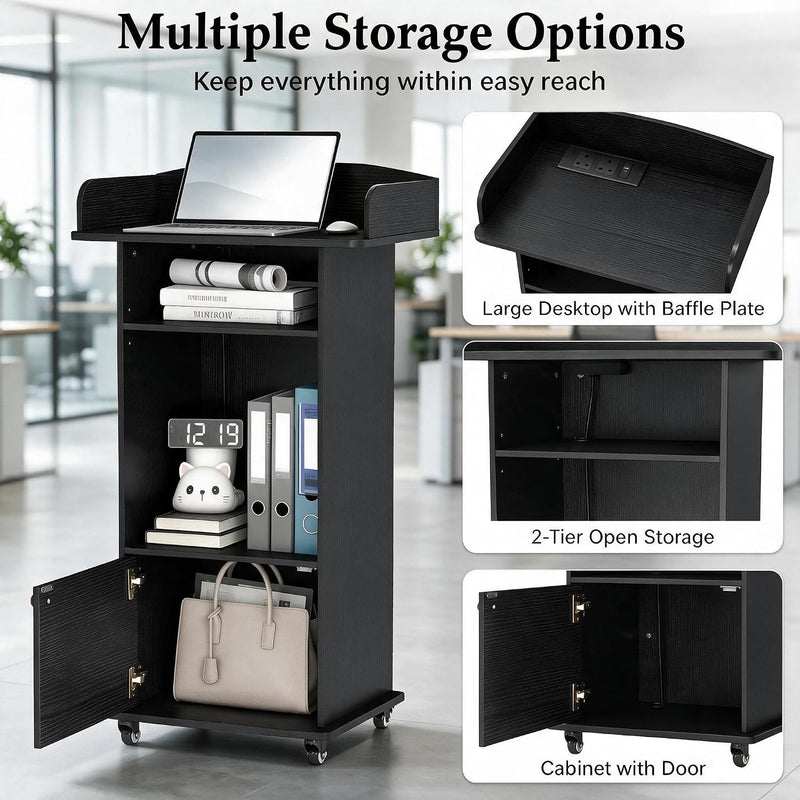 Podium Stand with Drawer Storage Cabinet and Wheels