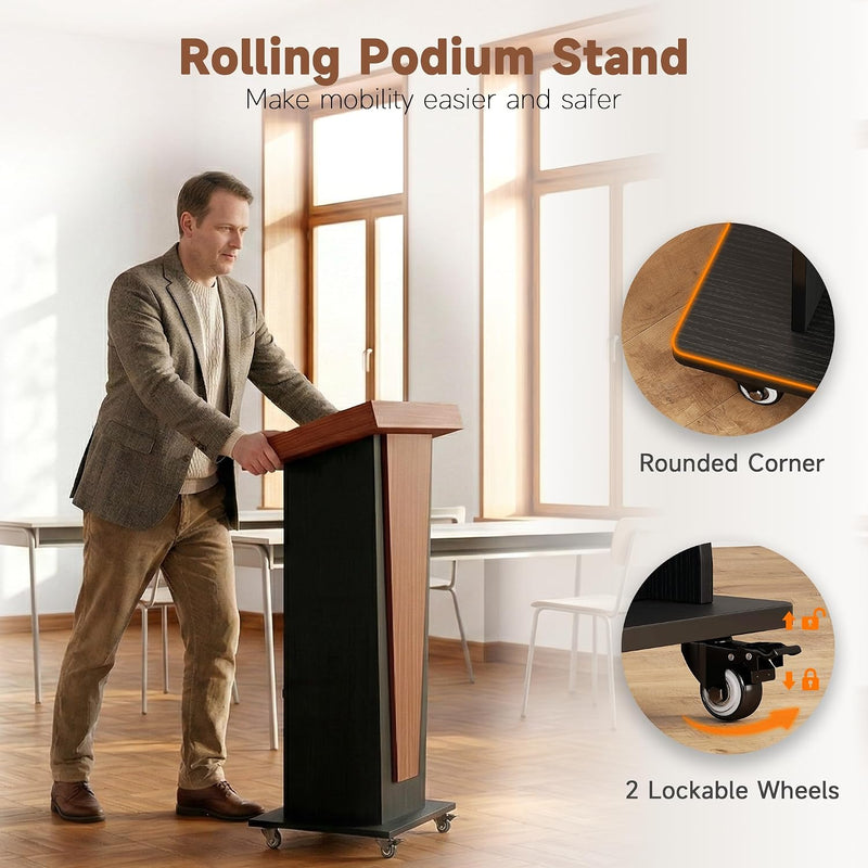 Podium Stand with Drawer Storage Cabinet and Wheels