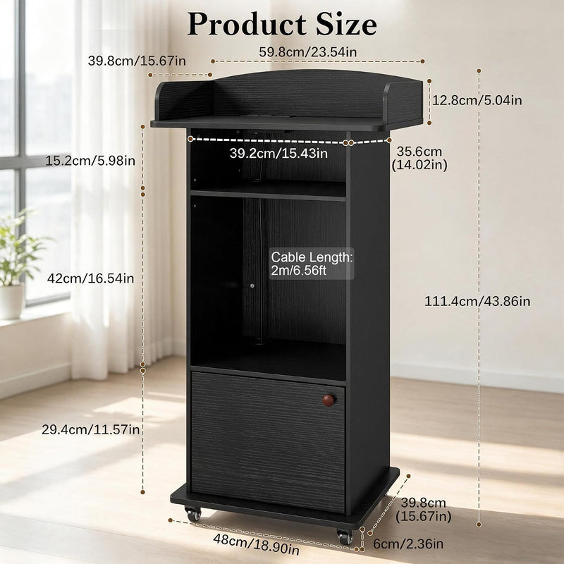 Podium Stand with Drawer Storage Cabinet and Wheels