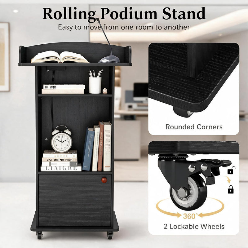 Podium Stand with Drawer Storage Cabinet and Wheels