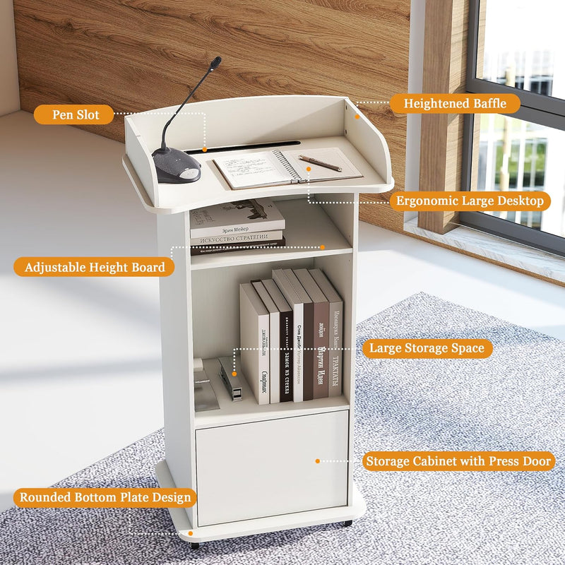 Podium Stand with Drawer Storage Cabinet and Wheels