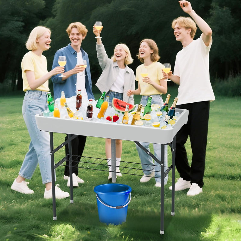 Portable Double-Layer Folding Cooler Table with Drain Keep