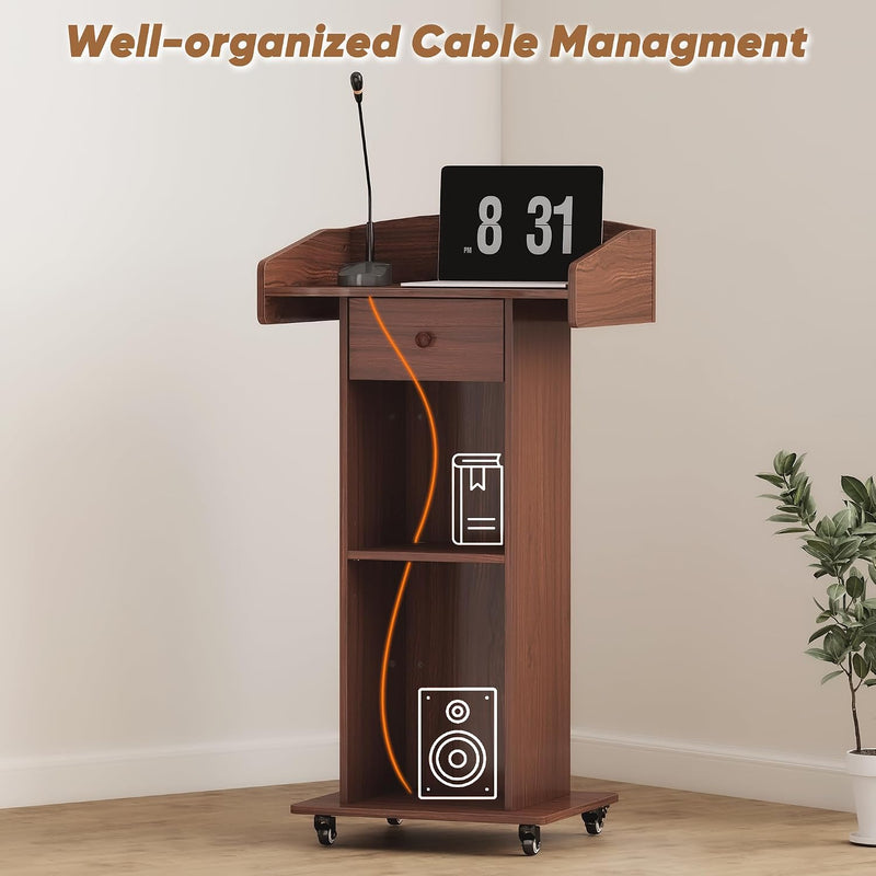Portable Podium Stand with Adjustable Shelf Lockable Wheels