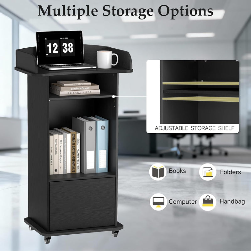 Portable Podium Stand with Adjustable Shelf Lockable Wheels