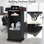 Portable Podium Stand with Adjustable Shelf Lockable Wheels