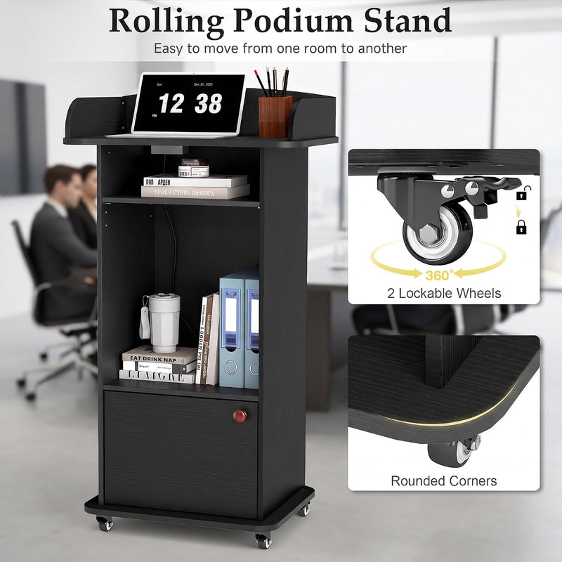 Portable Podium Stand with Adjustable Shelf Lockable Wheels