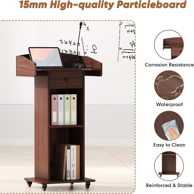 Portable Podium Stand with Adjustable Shelf Lockable Wheels