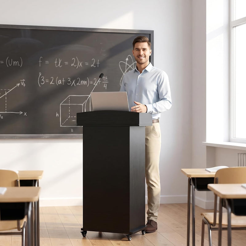 Portable Podium Stand with Adjustable Shelf Lockable Wheels