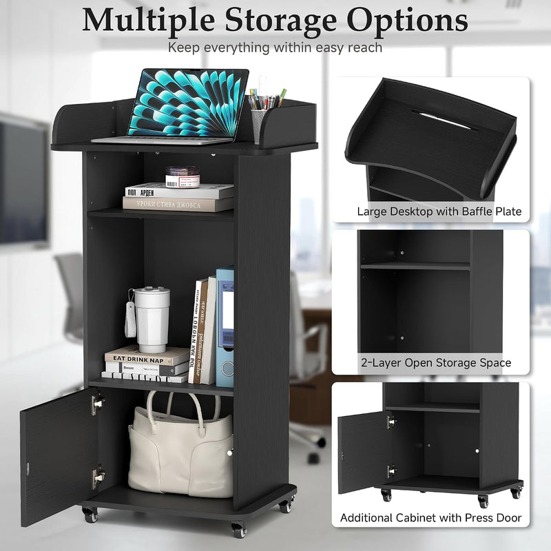 Portable Podium Stand with Adjustable Shelf Lockable Wheels