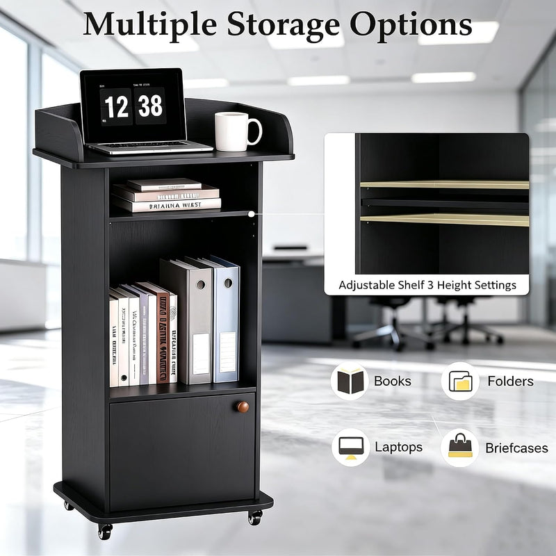 Portable Podium Stand with Adjustable Shelf Lockable Wheels