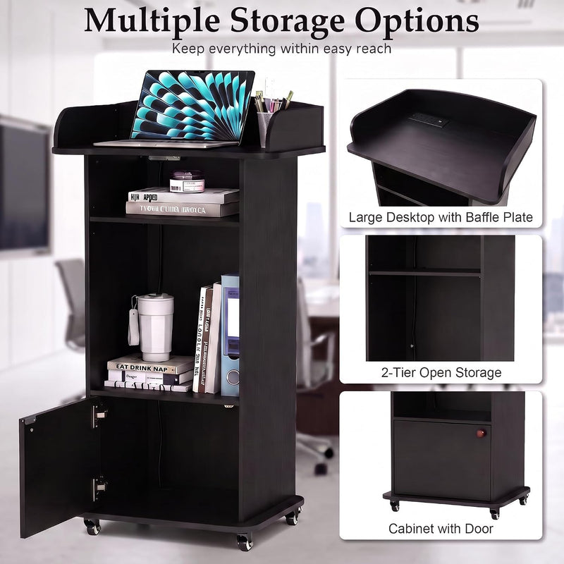 Portable Podium Stand with Adjustable Shelf Lockable Wheels