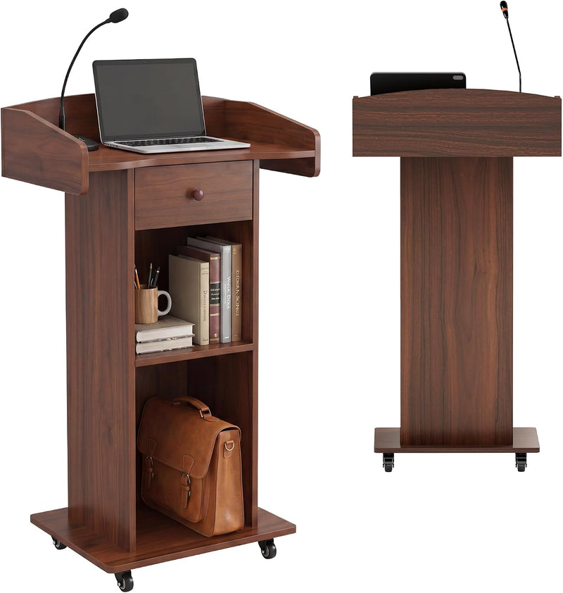 Portable Podium Stand with Adjustable Shelf Lockable Wheels