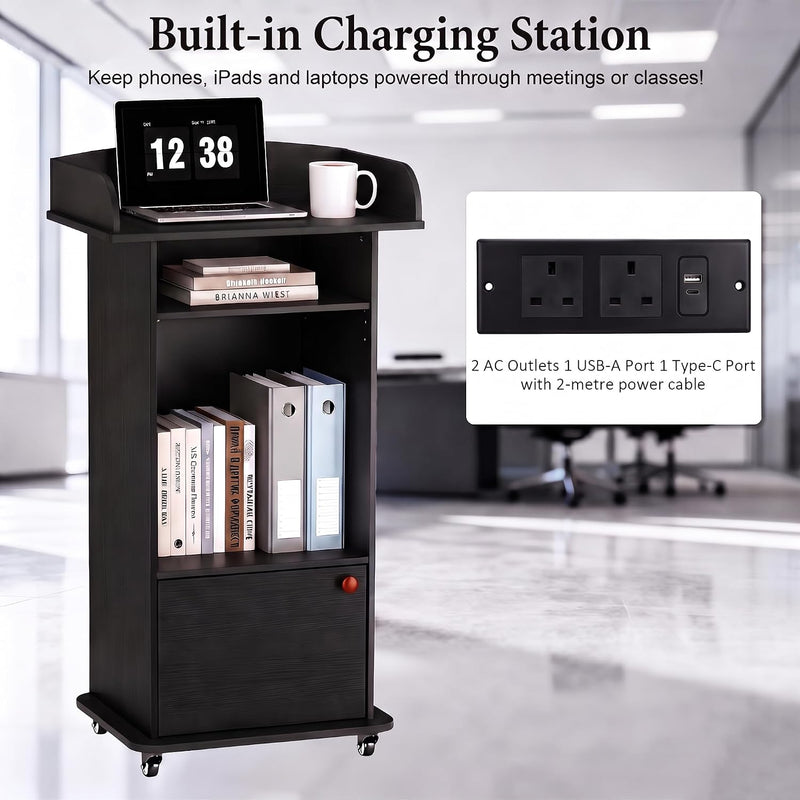 Portable Podium Stand with Adjustable Shelf Lockable Wheels