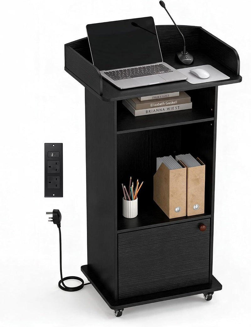 Portable Podium Stand with Adjustable Shelf Lockable Wheels