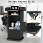 Portable Podium Stand with Adjustable Shelf Lockable Wheels