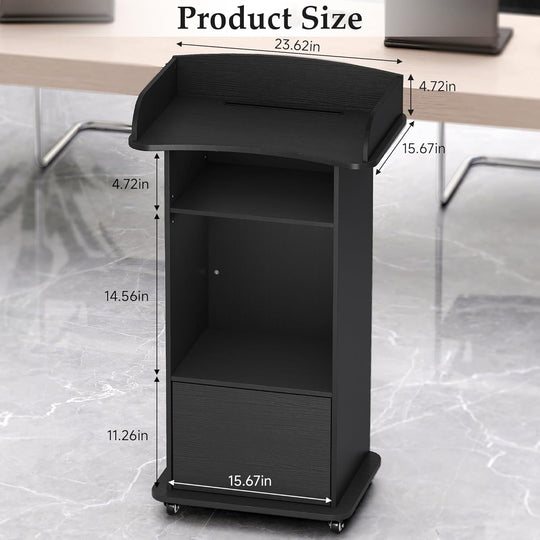 Portable Podium Stand with Adjustable Shelf Lockable Wheels