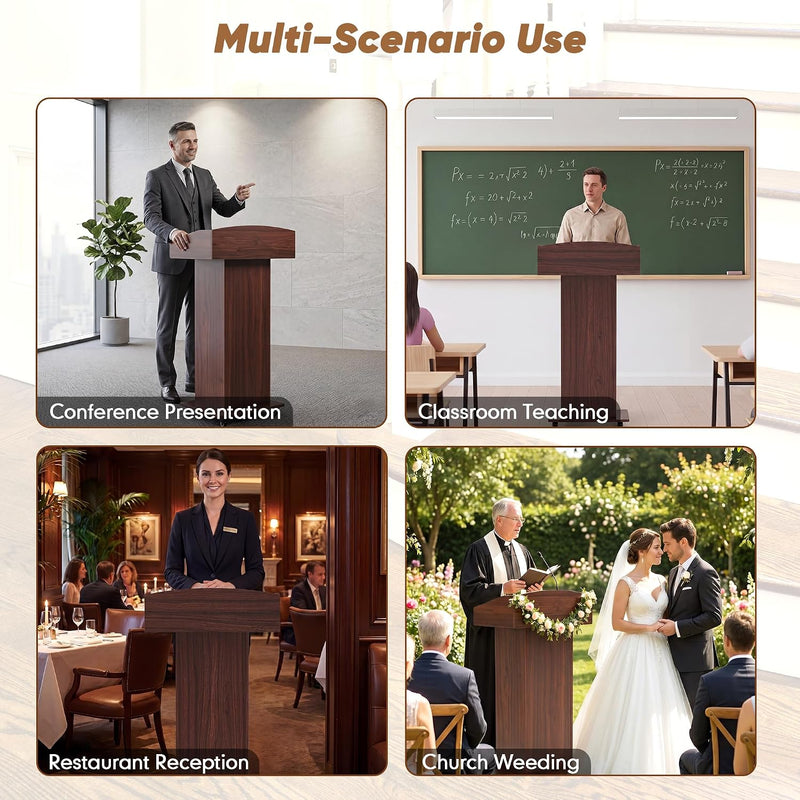 Portable Podium Stand with Adjustable Shelf Lockable Wheels