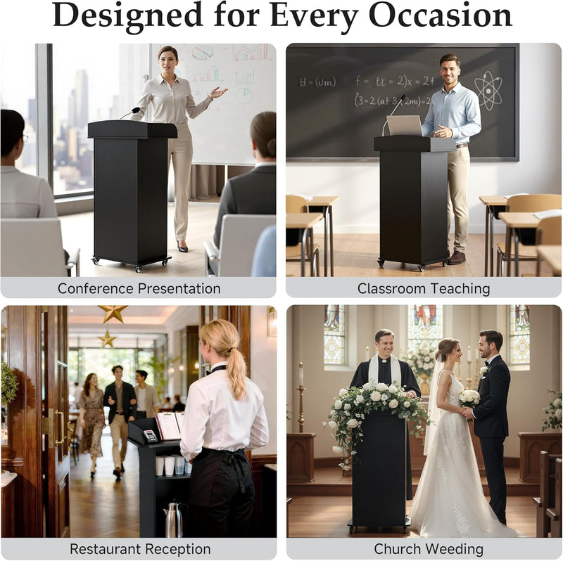 Portable Podium Stand with Adjustable Shelf Lockable Wheels