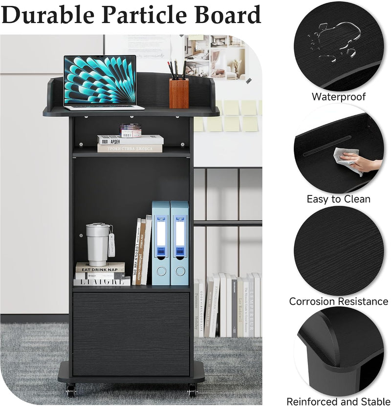 Portable Podium Stand with Adjustable Shelf Lockable Wheels