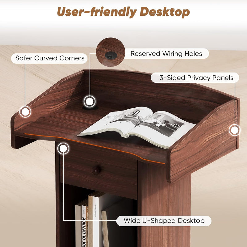 Portable Podium Stand with Adjustable Shelf Lockable Wheels