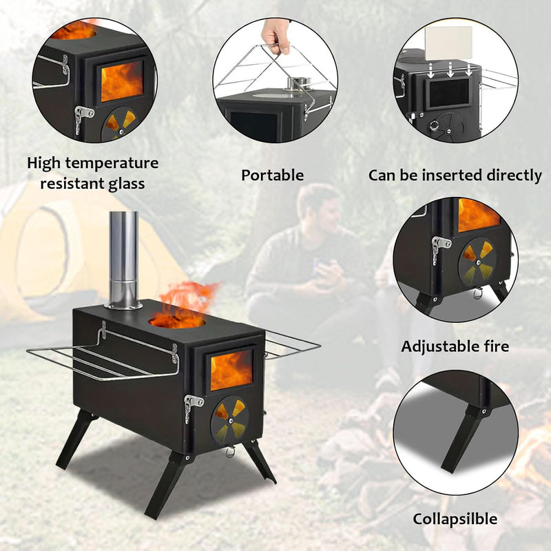 Portable Wood Burning Camping Stove with Chimney Pipes