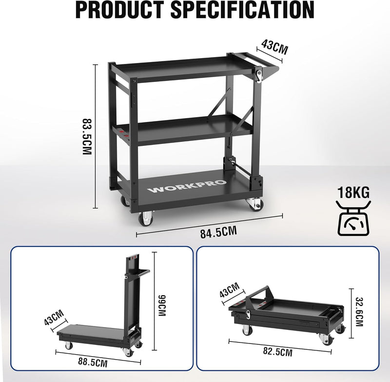 Premium Steel Service Cart 3-In-1 Folding Rolling