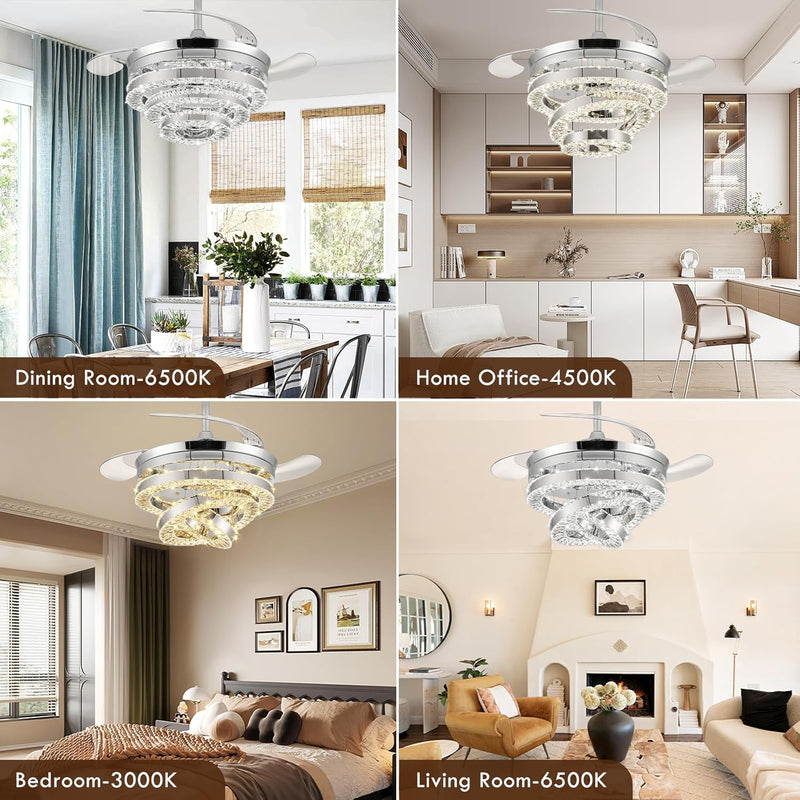 Crystal Ceiling Fans with Lights and Remote Smart