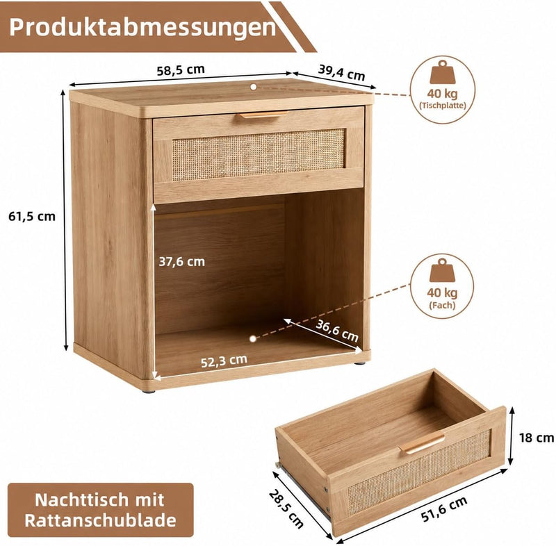 Rattan Bedside Table Farmhouse Side with 1 Drawer