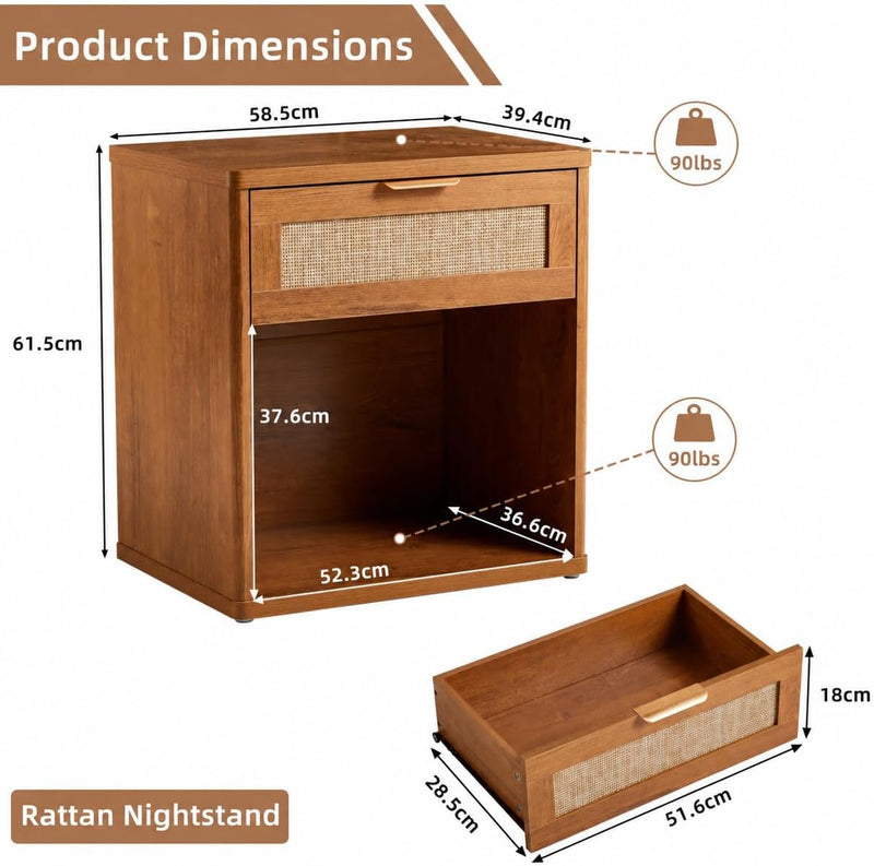 Rattan Bedside Table Farmhouse Side with 1 Drawer