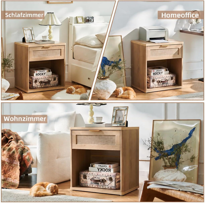 Rattan Bedside Table Farmhouse Side with 1 Drawer
