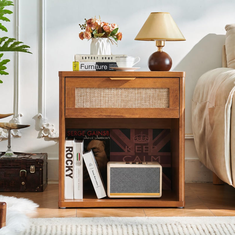 Rattan Bedside Table Farmhouse Side with 1 Drawer