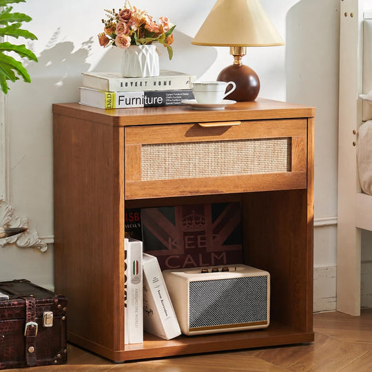 Rattan Bedside Table Farmhouse Side with 1 Drawer