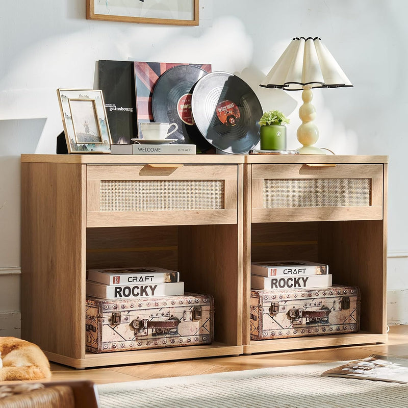 Rattan Bedside Table Farmhouse Side with 1 Drawer