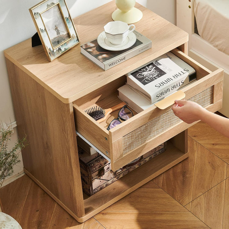 Rattan Bedside Table Farmhouse Side with 1 Drawer