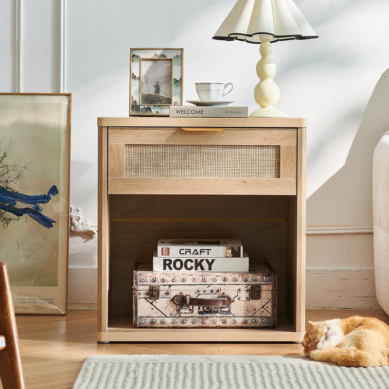 Rattan Bedside Table Farmhouse Side with 1 Drawer
