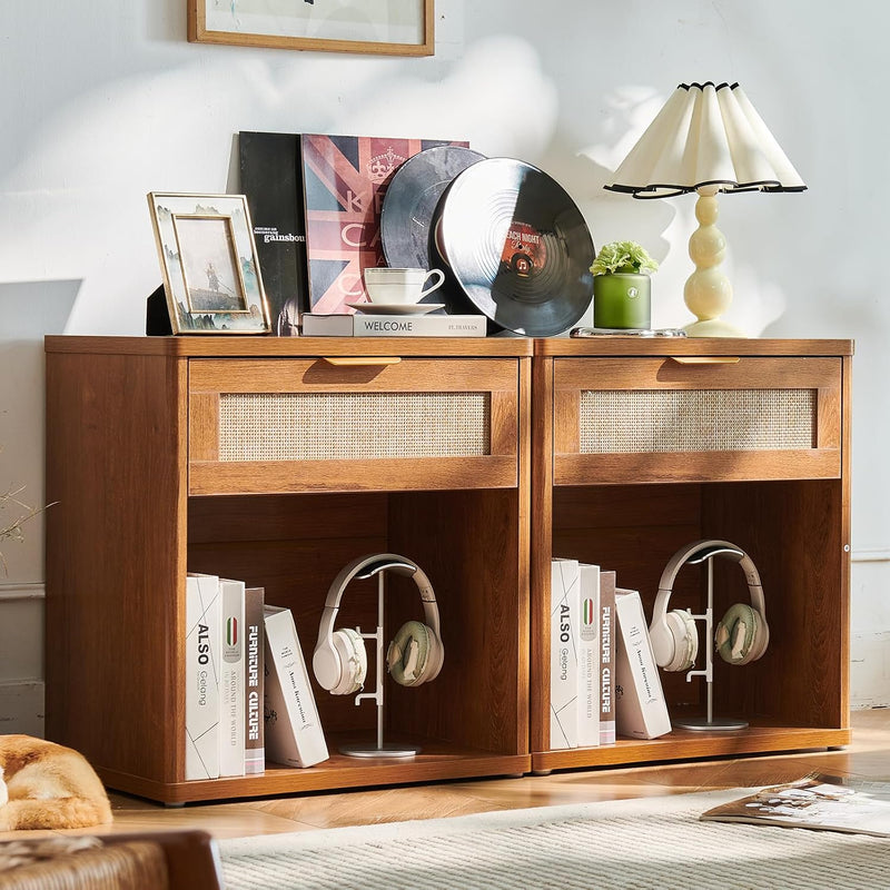 Rattan Bedside Table Farmhouse Side with 1 Drawer