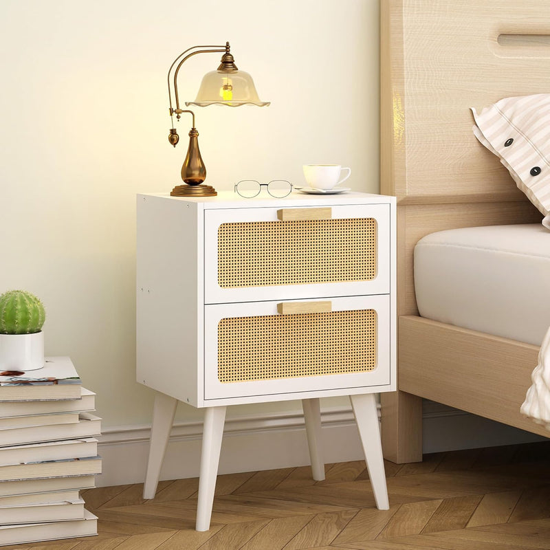 Scandinavian Bedside Table Rattan Nightstand 2 Drawers
