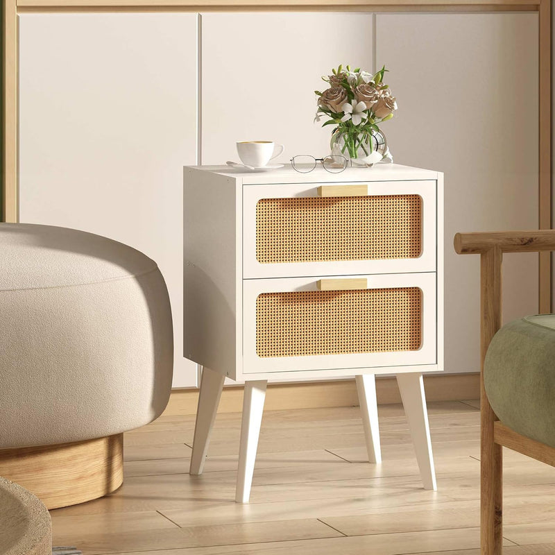 Scandinavian Bedside Table Rattan Nightstand 2 Drawers