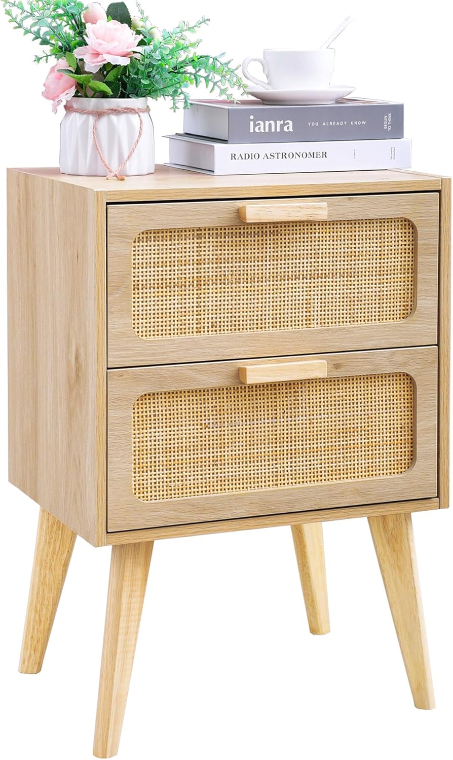 Rattan Bedside Table Wooden End Side with 2