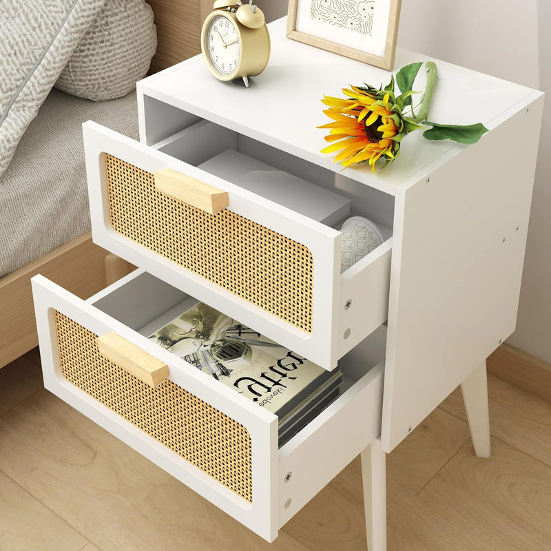 Scandinavian Bedside Table Rattan Nightstand 2 Drawers