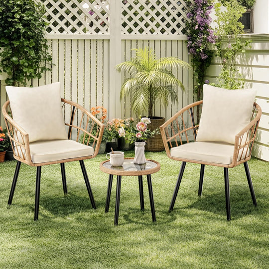 Rattan Bistro Set Garden Furniture with Tempered Glass (3 Piece)