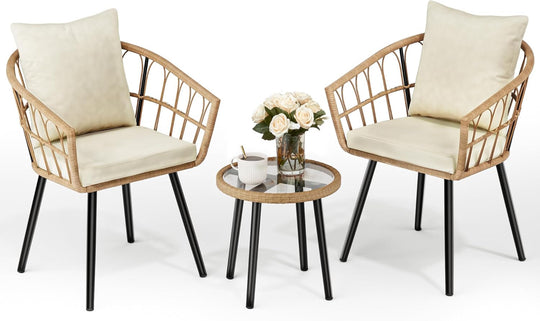 Rattan Bistro Set Garden Furniture with Tempered Glass (3 Piece)