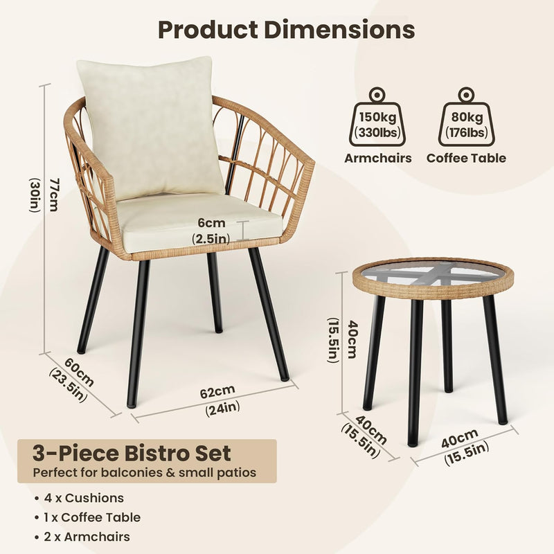 Rattan Bistro Set Garden Furniture with Tempered Glass (3 Piece)