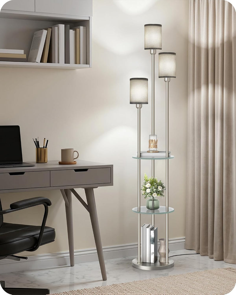 Floor Lamp with Shelves Industrial 3 Linen Shades