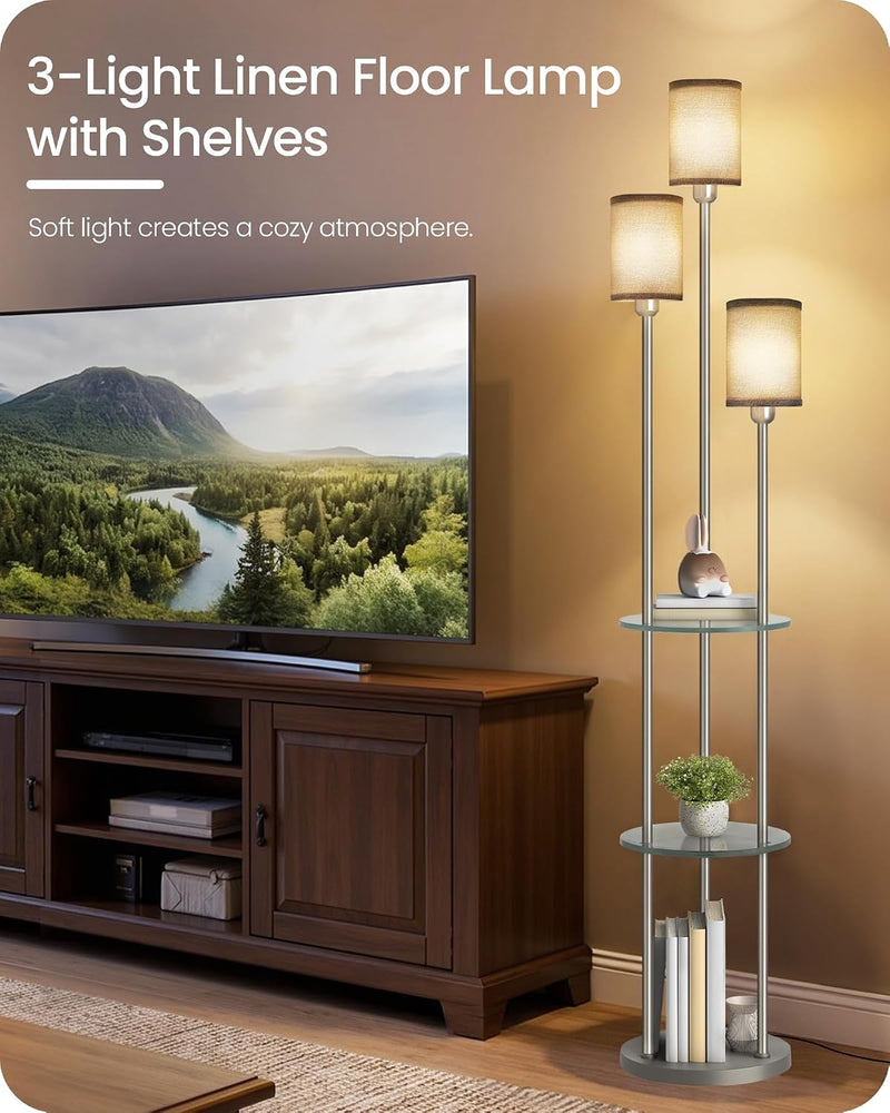 Floor Lamp with Shelves Industrial 3 Linen Shades
