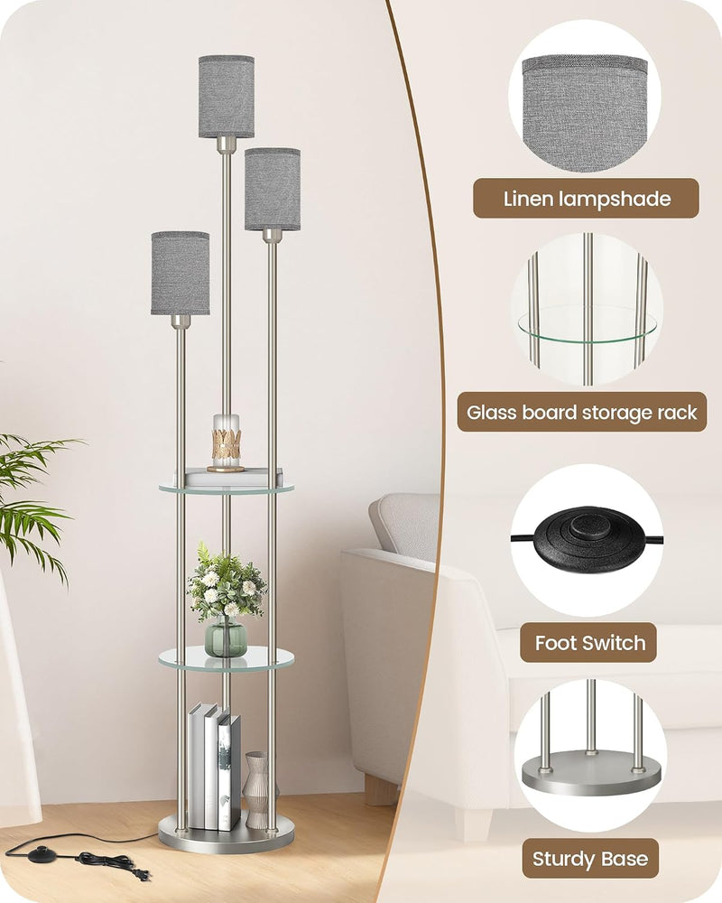 Floor Lamp with Shelves Industrial 3 Linen Shades