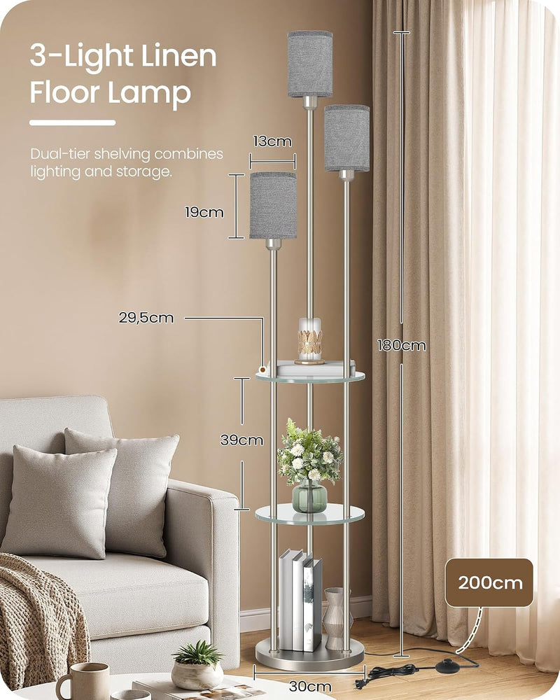 Floor Lamp with Shelves Industrial 3 Linen Shades