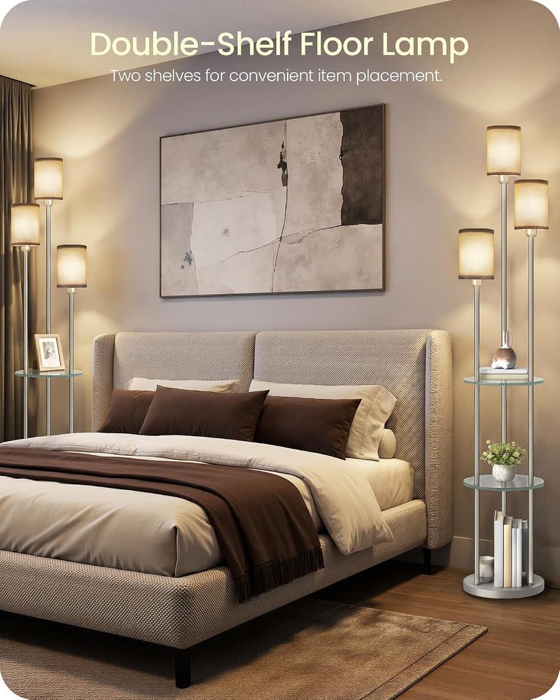 Floor Lamp with Shelves Industrial 3 Linen Shades