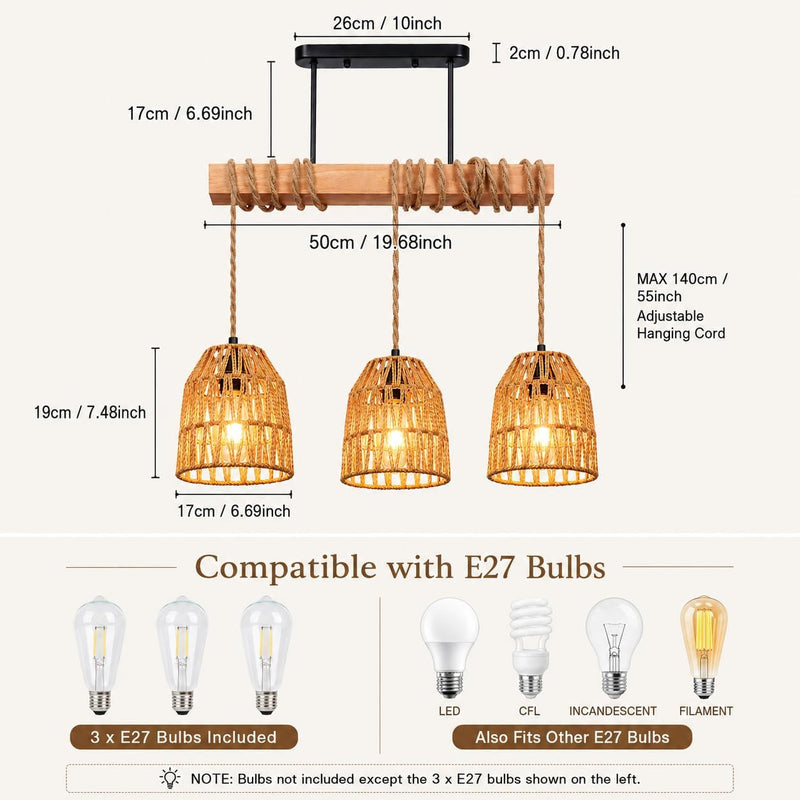 Rattan Pendant Light Kitchen Island Chandelier Height Adjustable